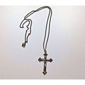 Vintage Cross Necklace Pendant Crucifix Religous Christian 24" Chain 2" Charm